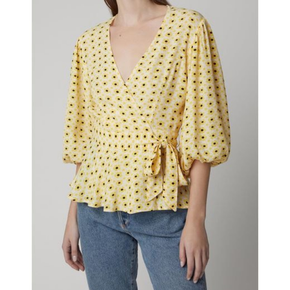 Ganni Yellow Floral Wrap Top